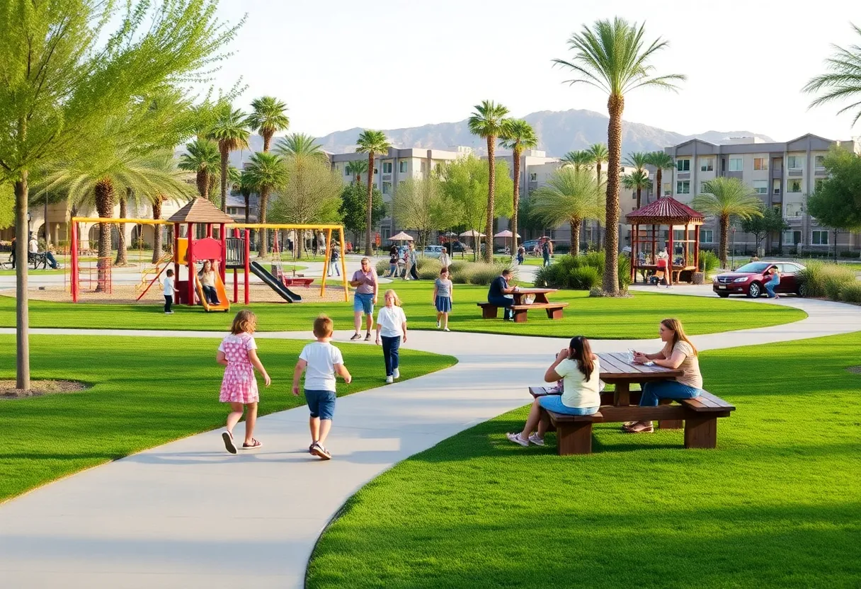 A community park in Las Vegas filled with families, children, and beautiful landscaping.