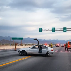 Scene of a car crash near Harry Reid Airport with emergency responders