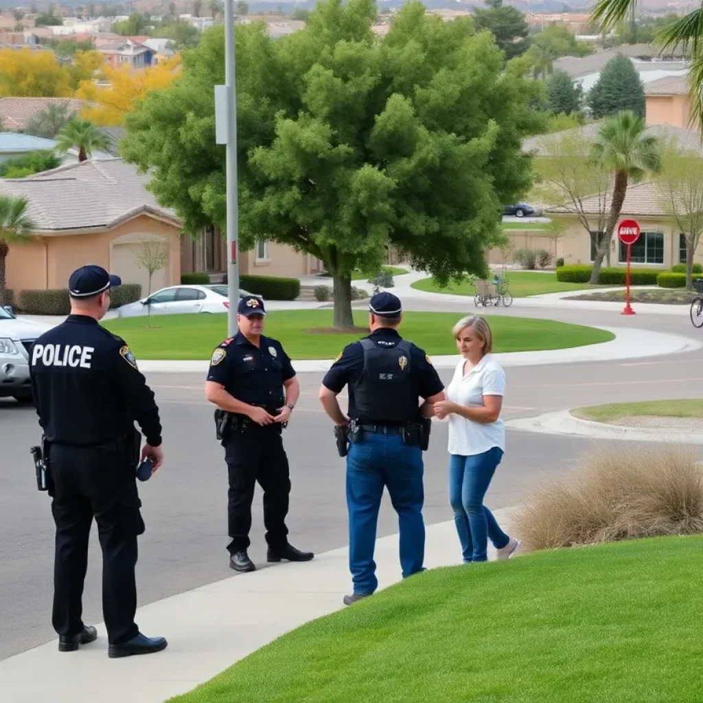 Urban landscape of Las Vegas showcasing community engagement and police presence for crime prevention.