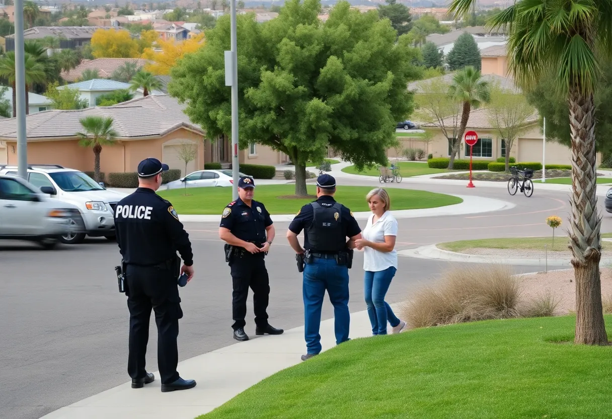 Urban landscape of Las Vegas showcasing community engagement and police presence for crime prevention.