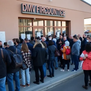 Crowd outside a DMV office in Las Vegas after a cyberattack disruption.