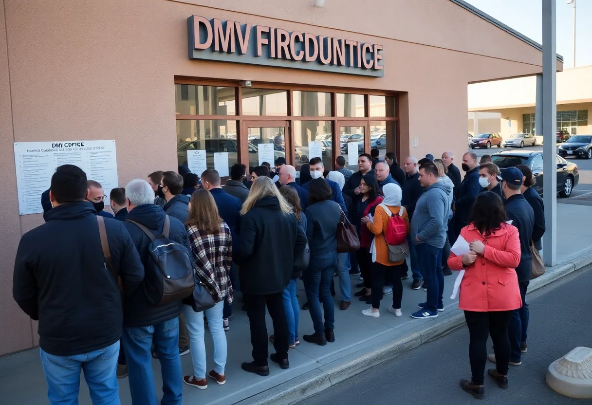 Crowd outside a DMV office in Las Vegas after a cyberattack disruption.