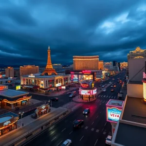 View of the Las Vegas Strip with empty streets and closed businesses.