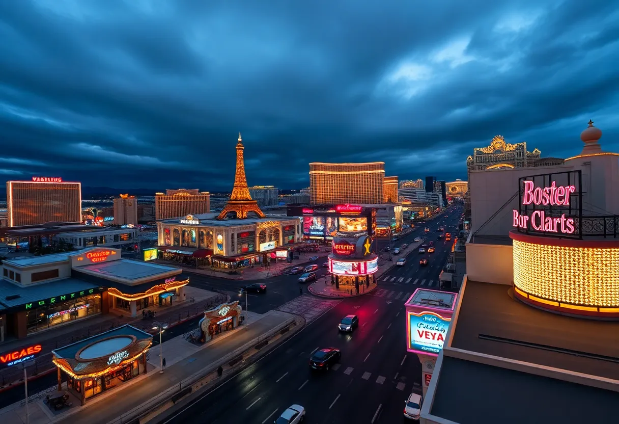 View of the Las Vegas Strip with empty streets and closed businesses.