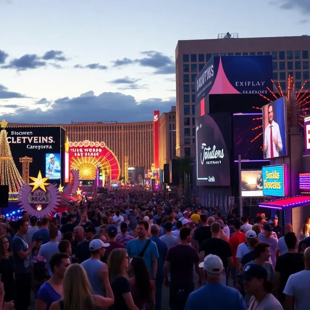 A bustling Las Vegas scene filled with people enjoying concerts and festivals.