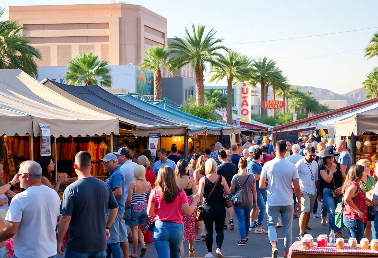 Outdoor market in Las Vegas with local vendors and families enjoying activities