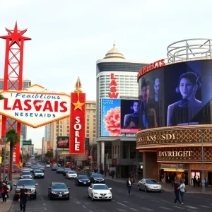 A bustling Las Vegas Strip featuring family attractions and nightlife.