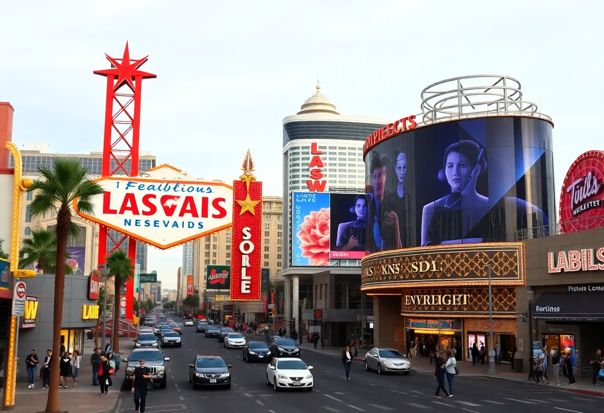 A bustling Las Vegas Strip featuring family attractions and nightlife.