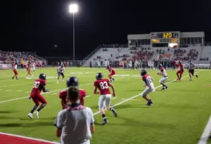 High school football players in action during a game under stadium lights