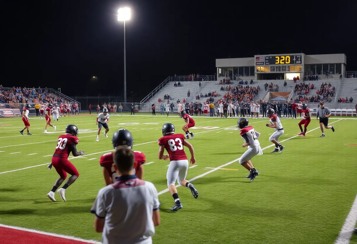 High school football players in action during a game under stadium lights