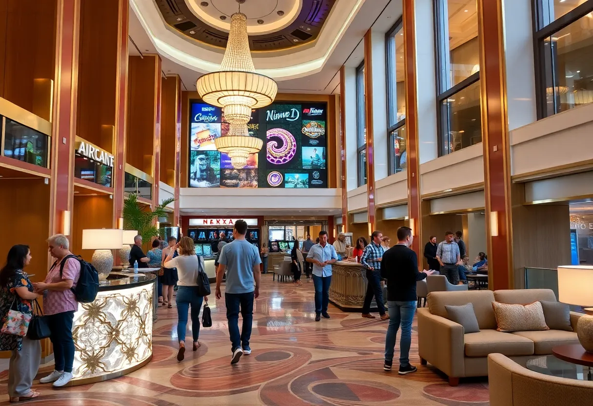 A bustling Las Vegas hotel lobby filled with diverse travelers enjoying the hospitality experience.
