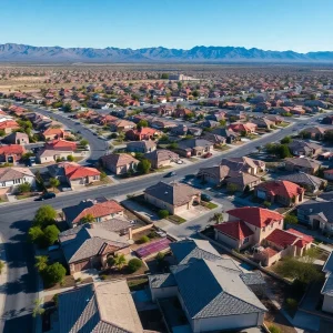Aerial view of Las Vegas neighborhoods with a focus on residential housing.