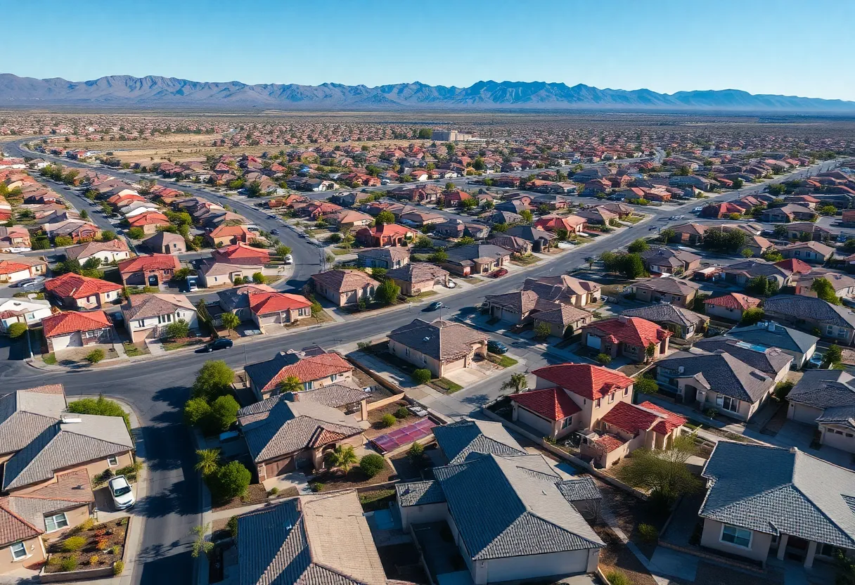 Aerial view of Las Vegas neighborhoods with a focus on residential housing.
