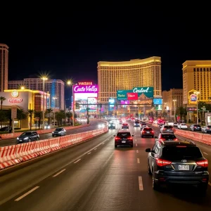 Construction lane reductions on Las Vegas Boulevard at night