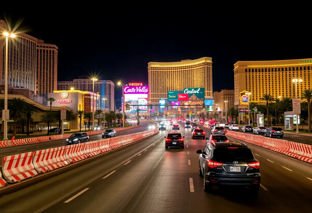 Construction lane reductions on Las Vegas Boulevard at night