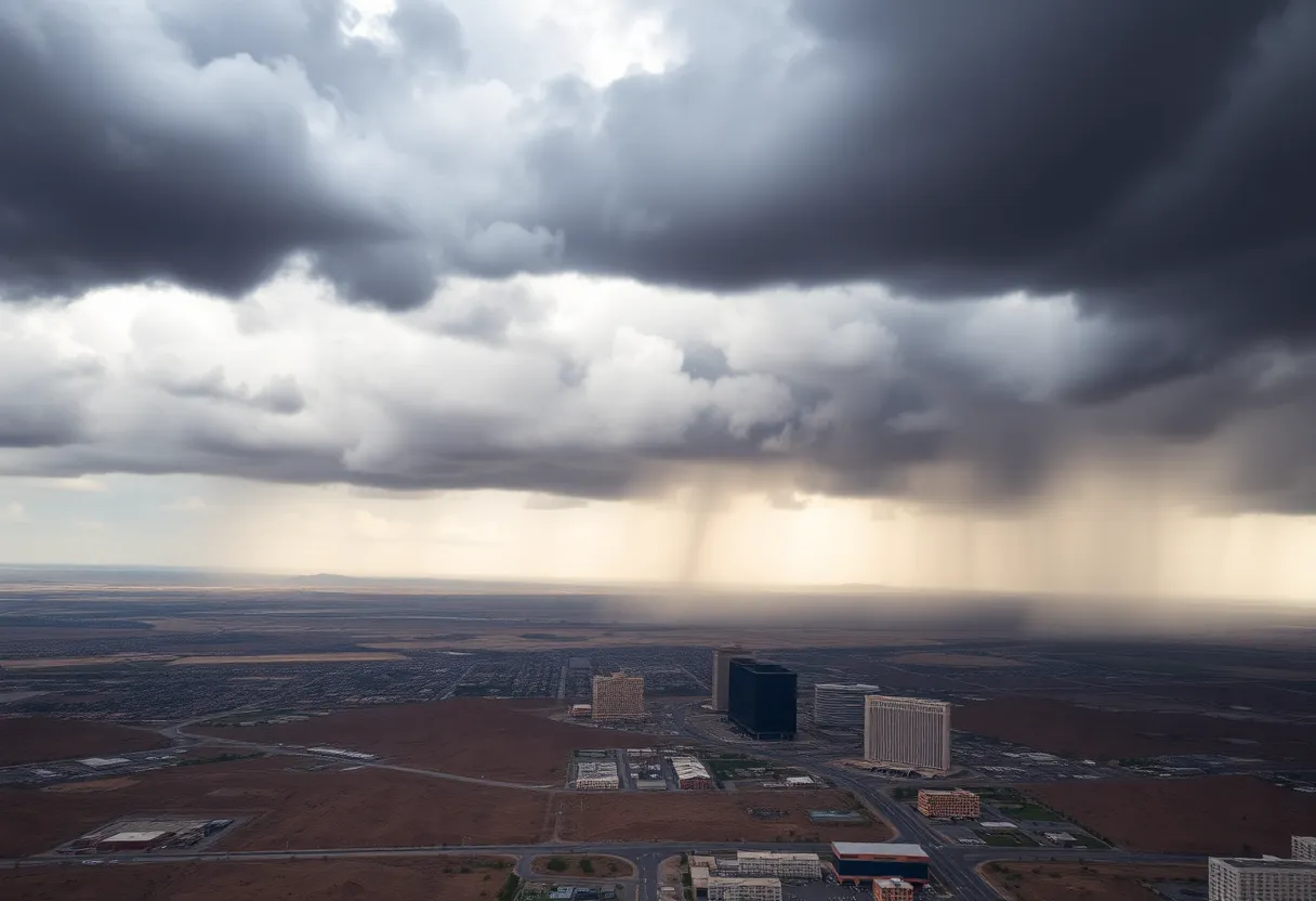 Dark clouds over Las Vegas indicating potential monsoon rain.