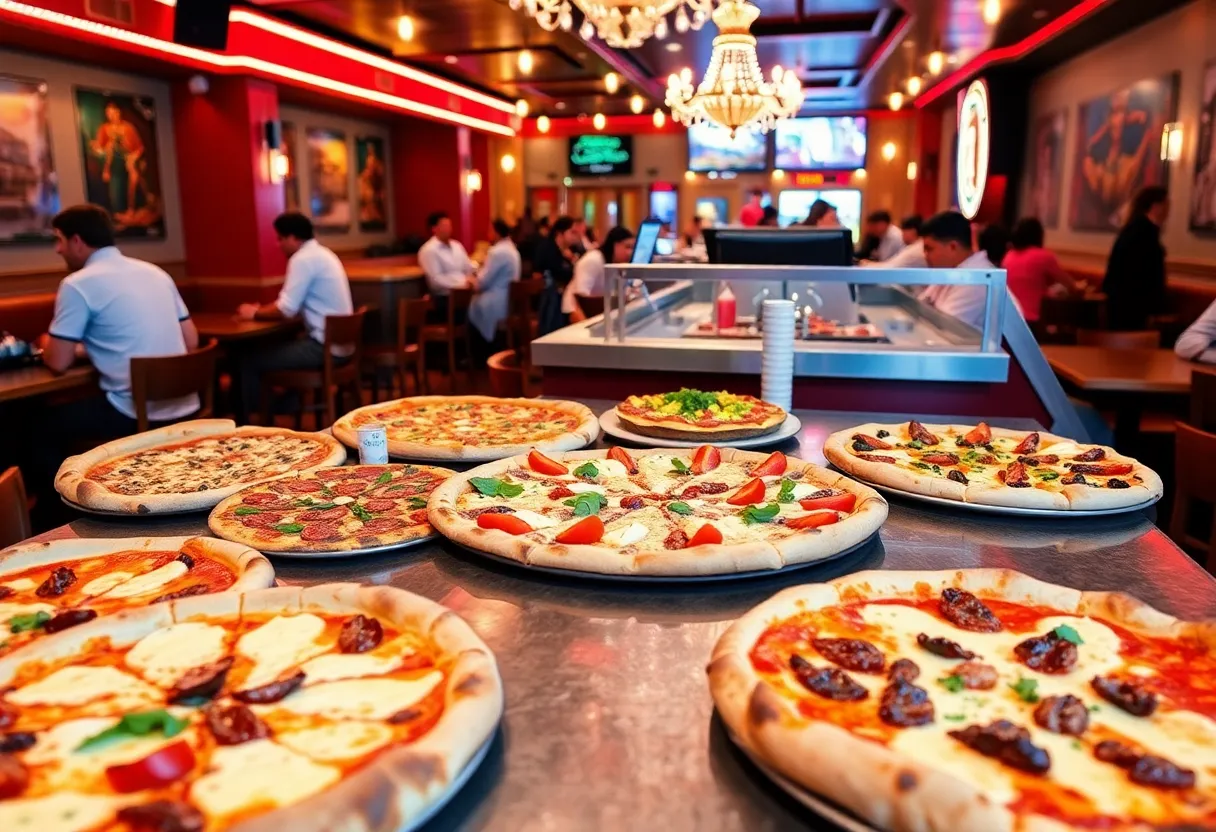 Assorted pizzas displayed in a Las Vegas pizzeria