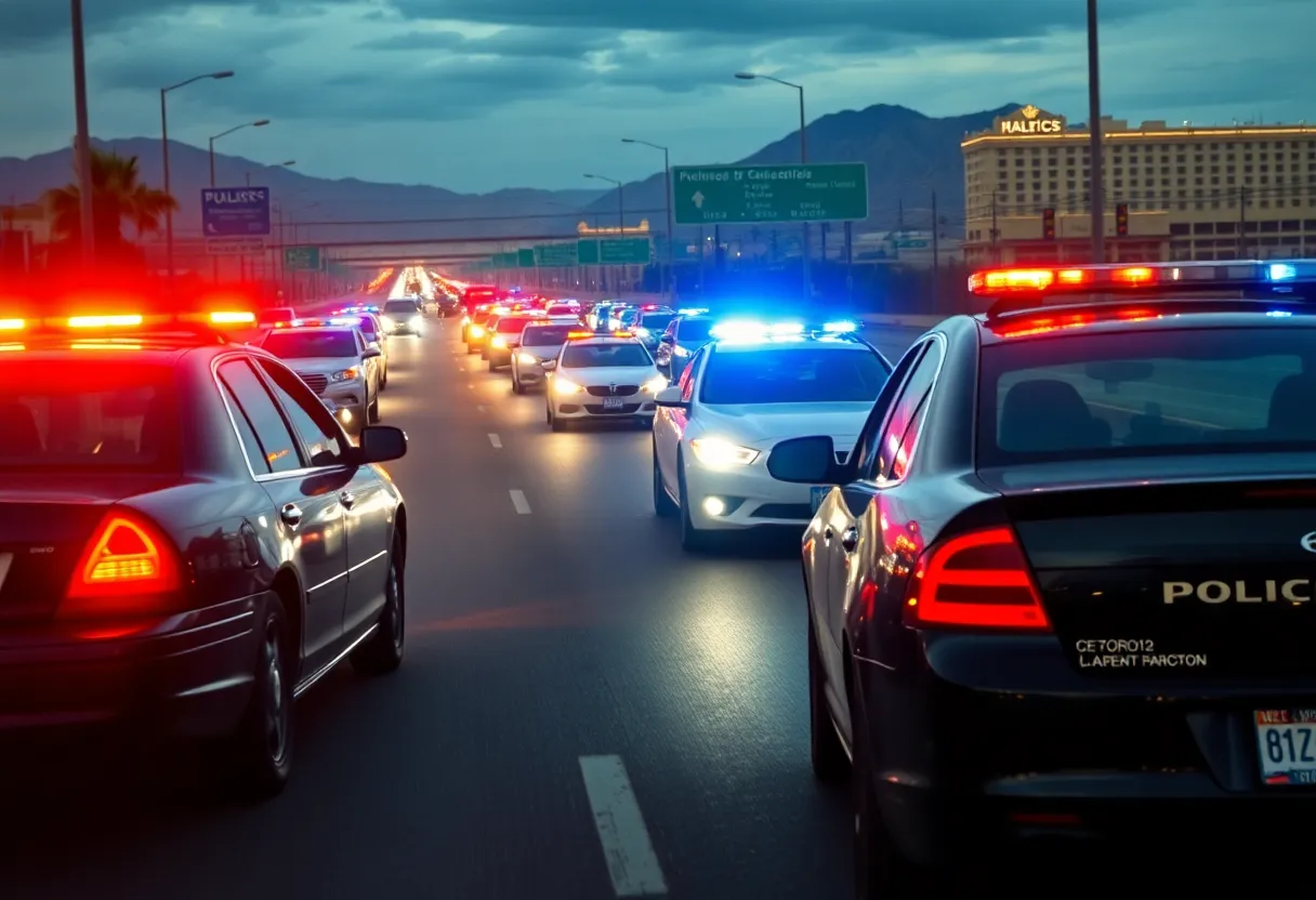 Police cars in pursuit on a Las Vegas highway during a carjacking incident