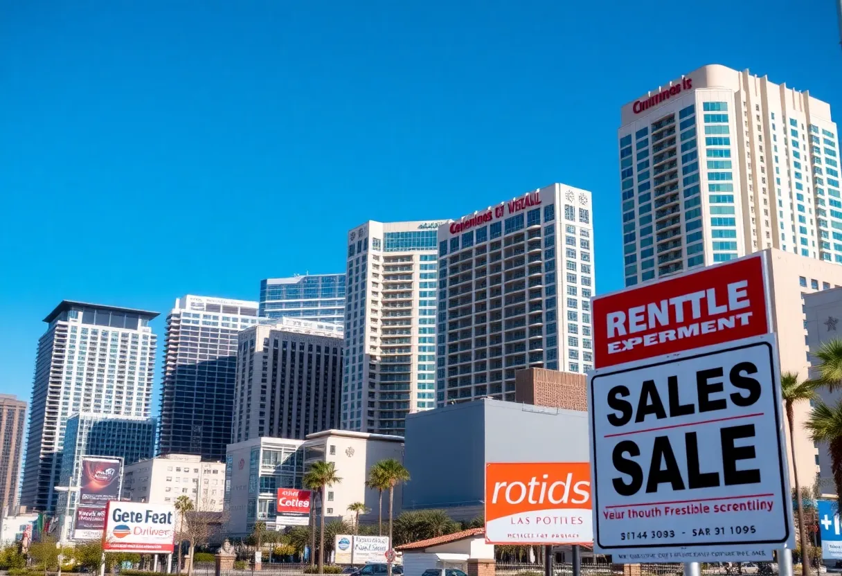 Las Vegas skyline with apartment buildings and rental signs