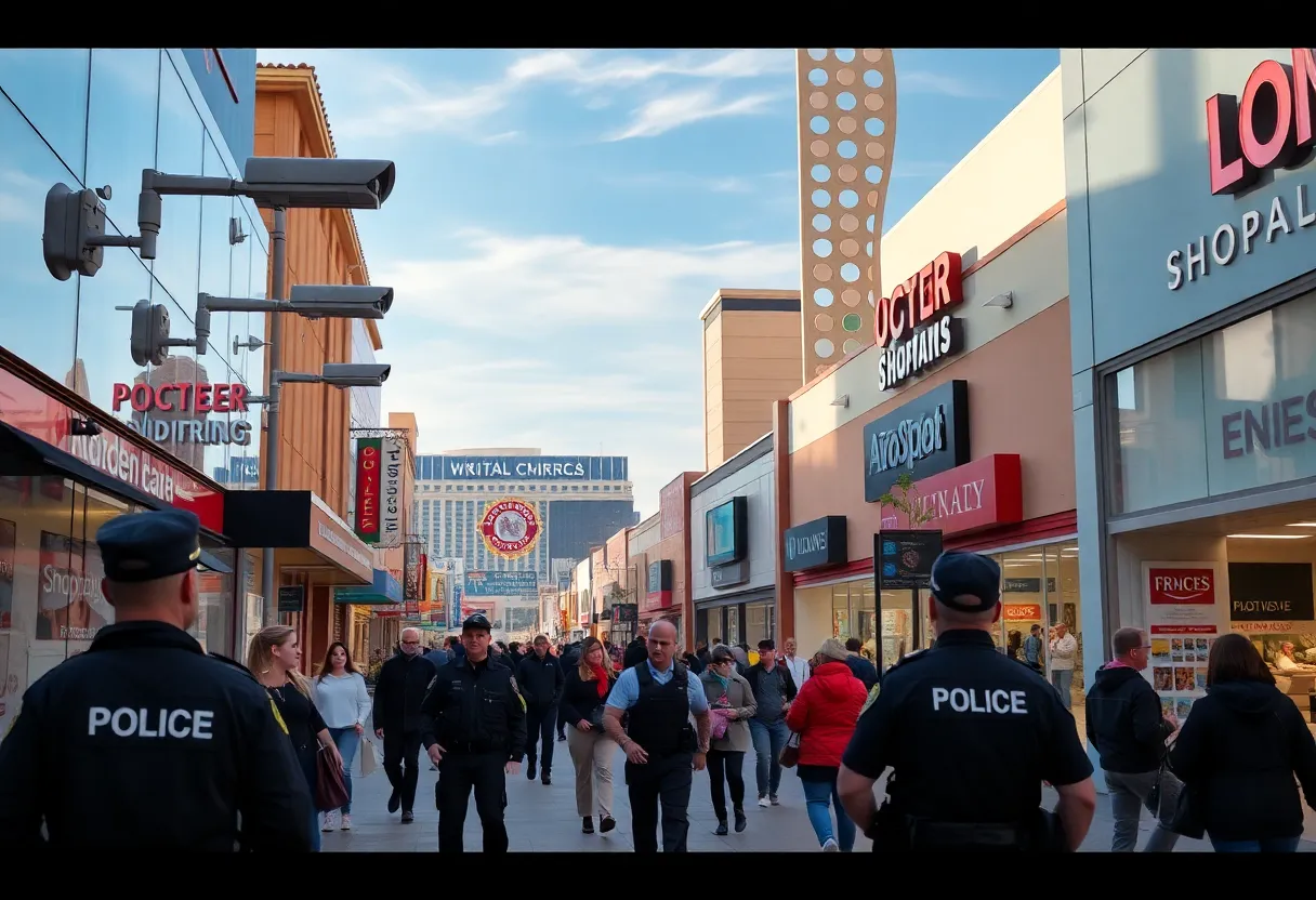A bustling shopping area in Las Vegas with visible security measures.