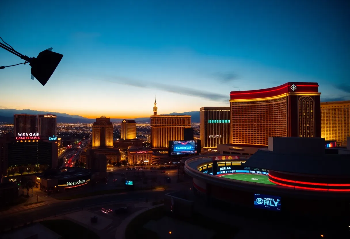 A view of a Las Vegas sports studio at dusk