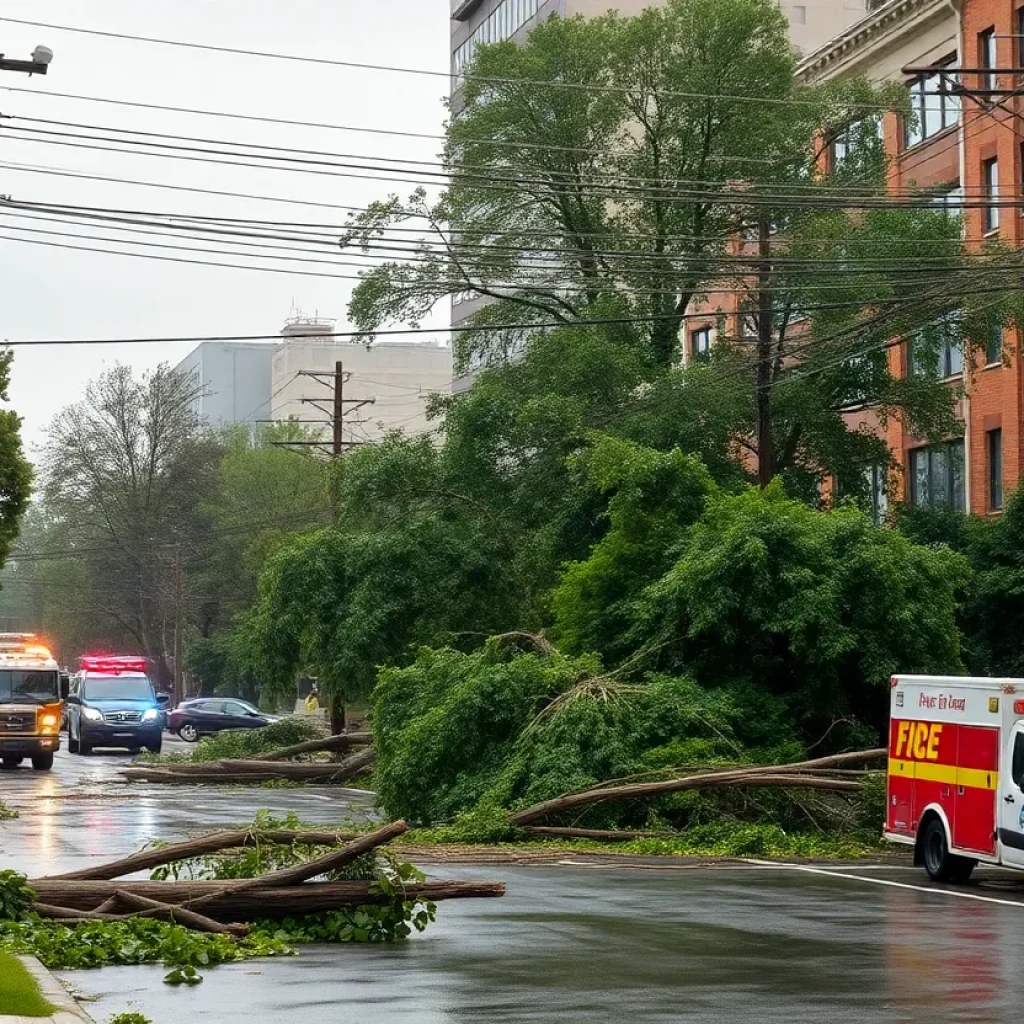 Severe storm damage in Las Vegas Valley with fallen trees and emergency services at the scene.