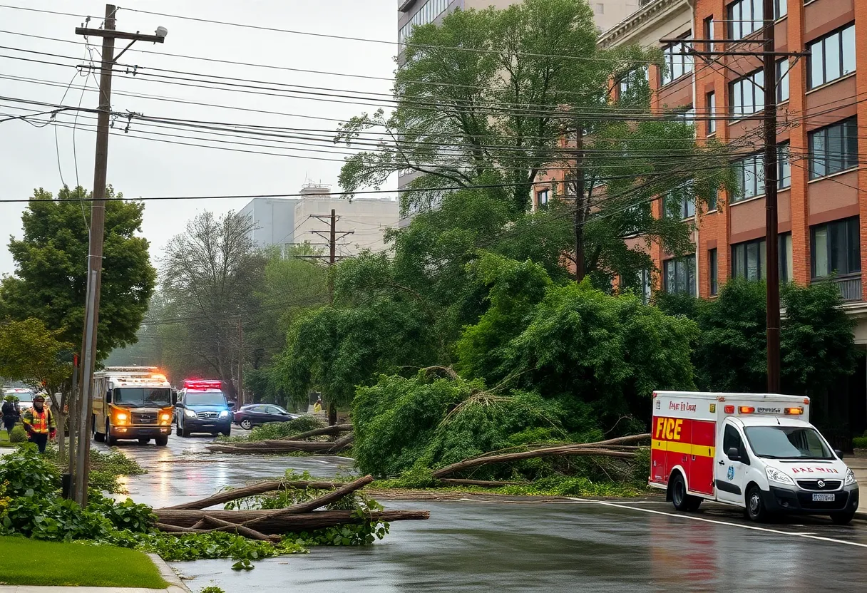 Severe storm damage in Las Vegas Valley with fallen trees and emergency services at the scene.