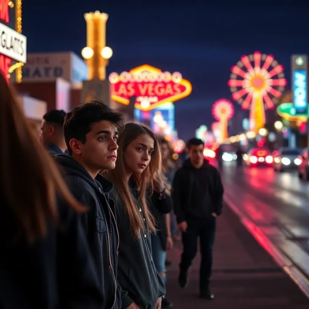 Nighttime street scene in Las Vegas signaling concern after a shooting incident