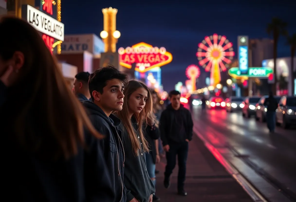 Nighttime street scene in Las Vegas signaling concern after a shooting incident