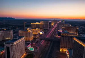 Aerial view of the Las Vegas Strip showcasing hotels and neon lights