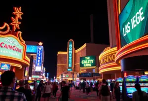 Vibrant night view of the Las Vegas Strip with casinos and neon lights.