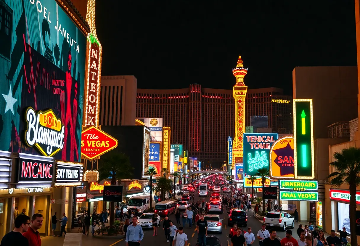 Bright lights of the Las Vegas Strip with tourists walking