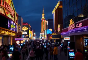 The vibrant Las Vegas Strip at night with crowds and bright casino lights.