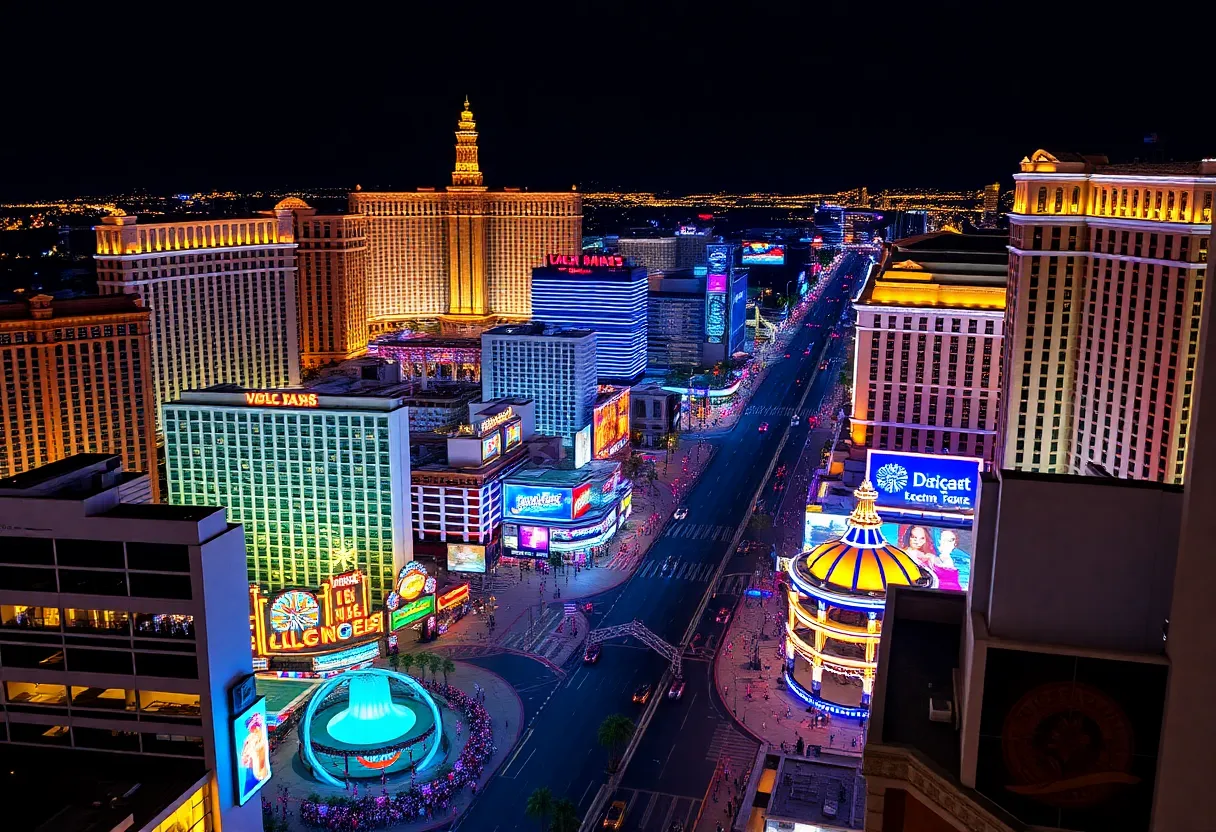Illuminated Las Vegas Strip with bustling attractions at night