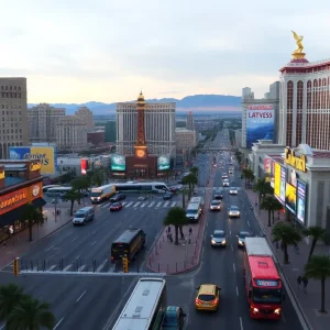 A busy Las Vegas strip filled with tourists demonstrating the current challenges in tourism.