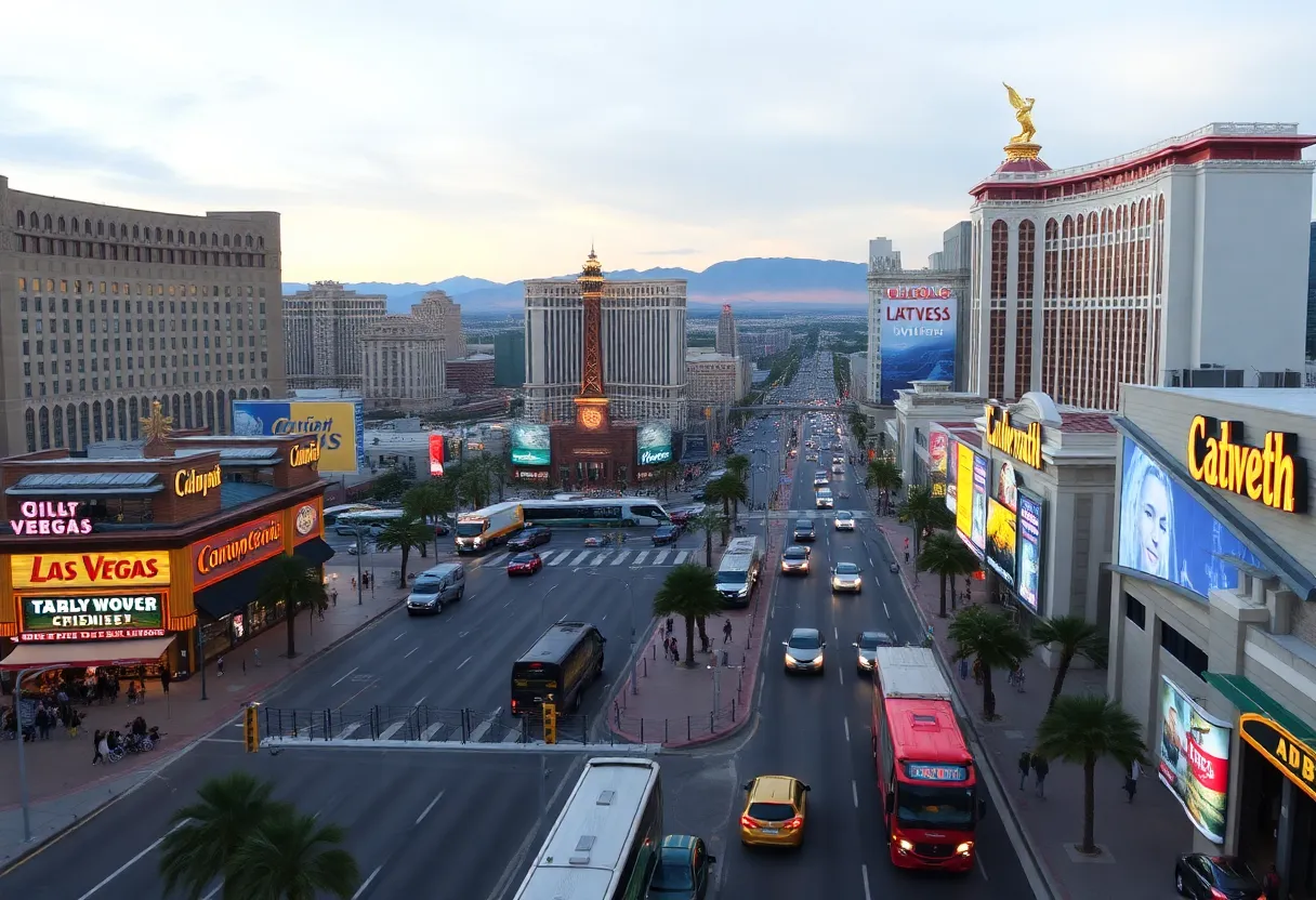 A busy Las Vegas strip filled with tourists demonstrating the current challenges in tourism.