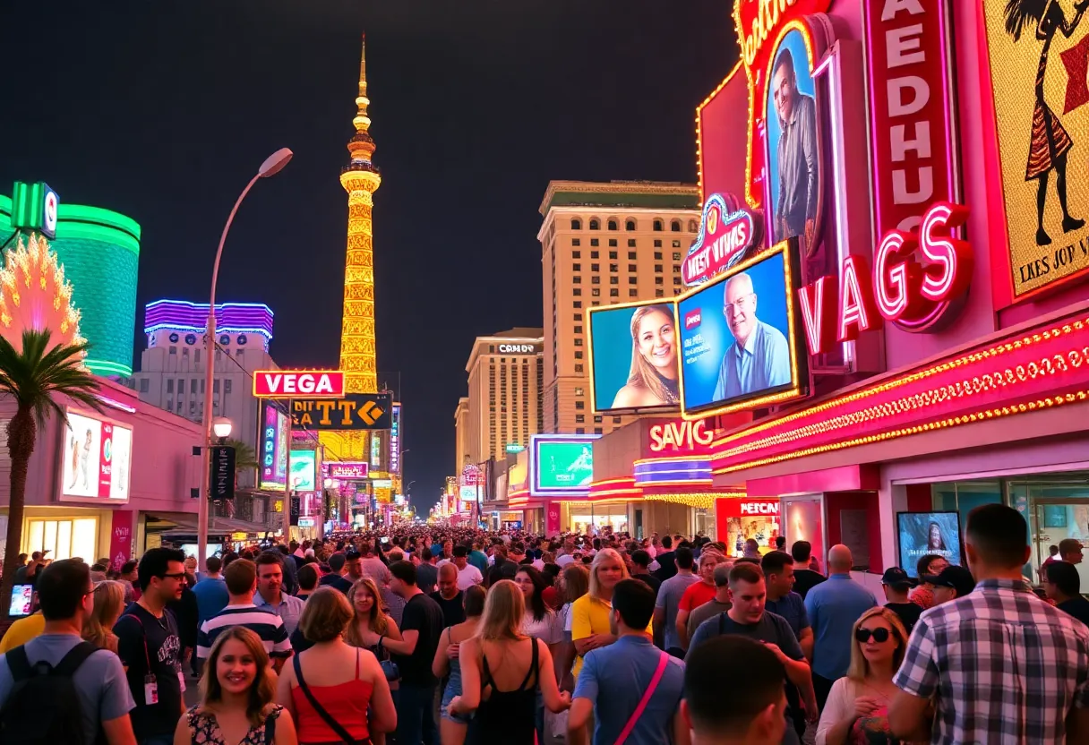 Crowded Las Vegas street during major events with neon lights
