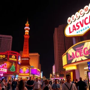 Tourists enjoying Las Vegas attractions and nightlife.