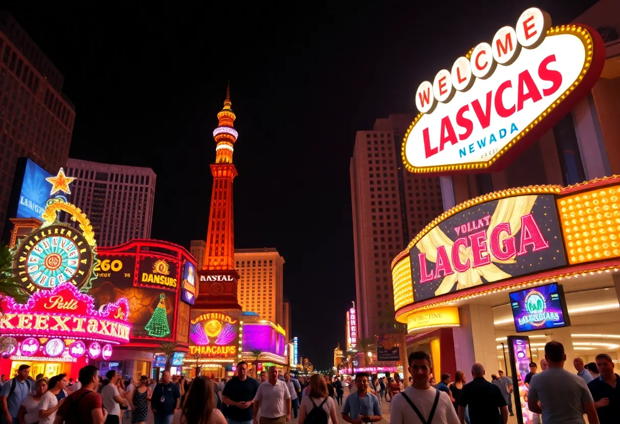Tourists enjoying Las Vegas attractions and nightlife.