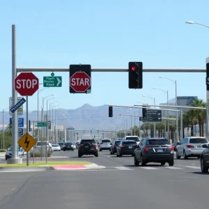 Las Vegas intersection with traffic signs and vehicles