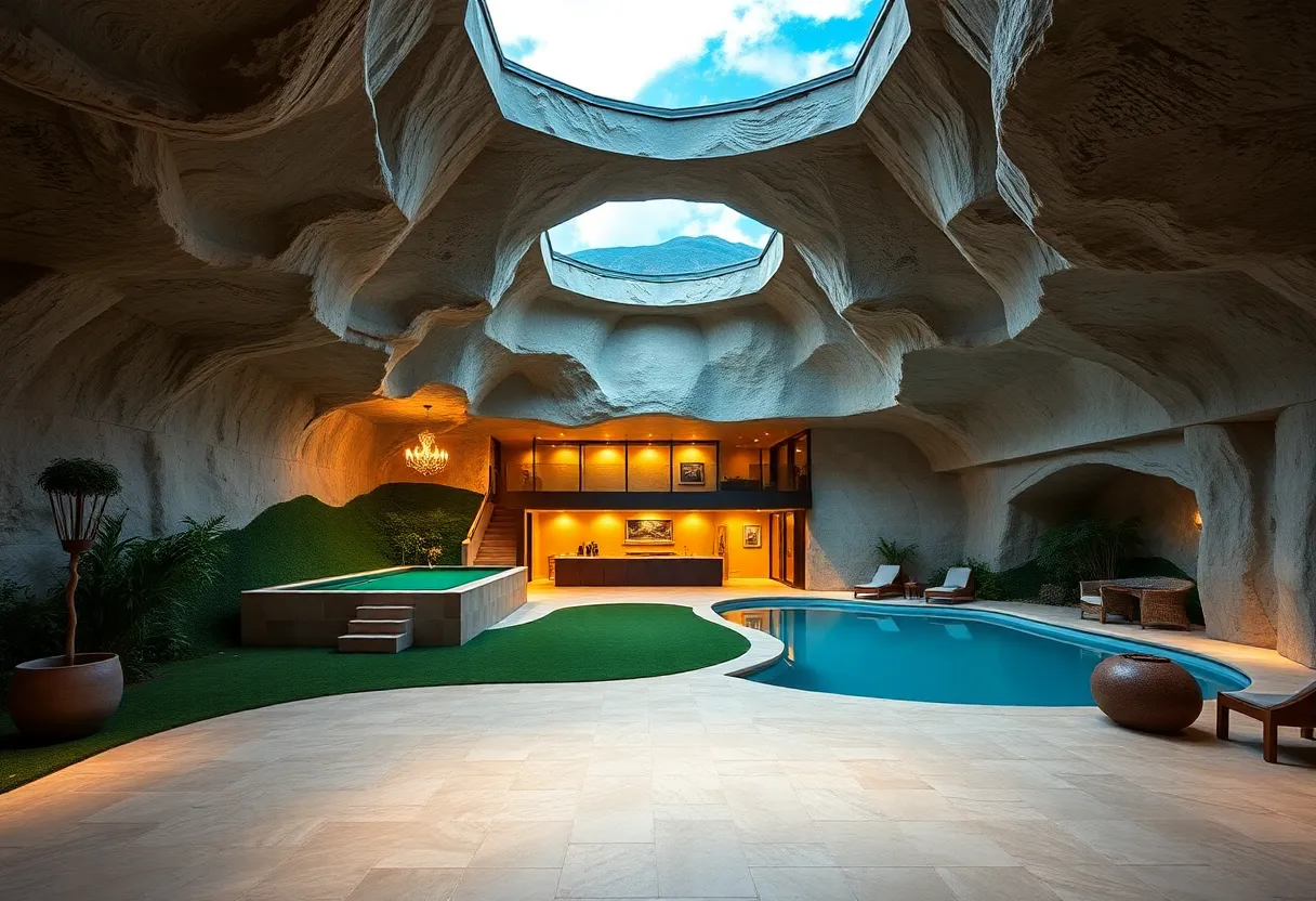 Interior view of the Las Vegas Underground House featuring an indoor pool and luxury amenities.