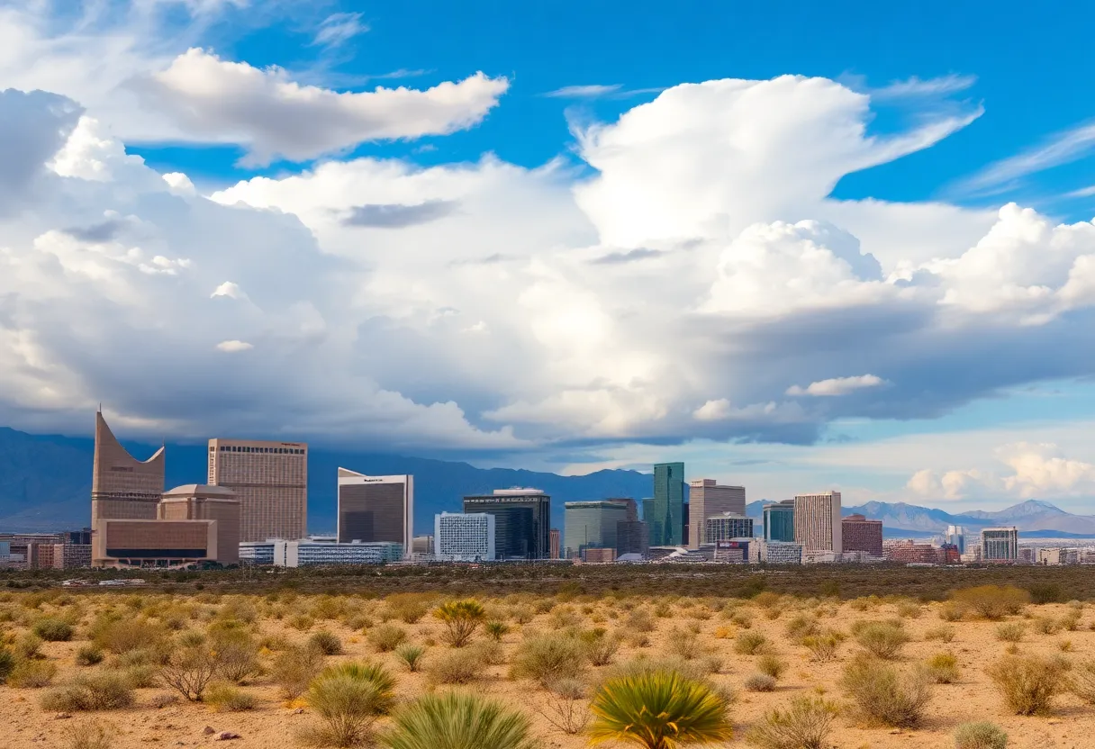 View of Las Vegas skyline under windy and cloudy weather conditions
