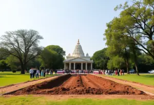 Groundbreaking ceremony of Lone Mountain Nevada Temple with attendees and construction area.