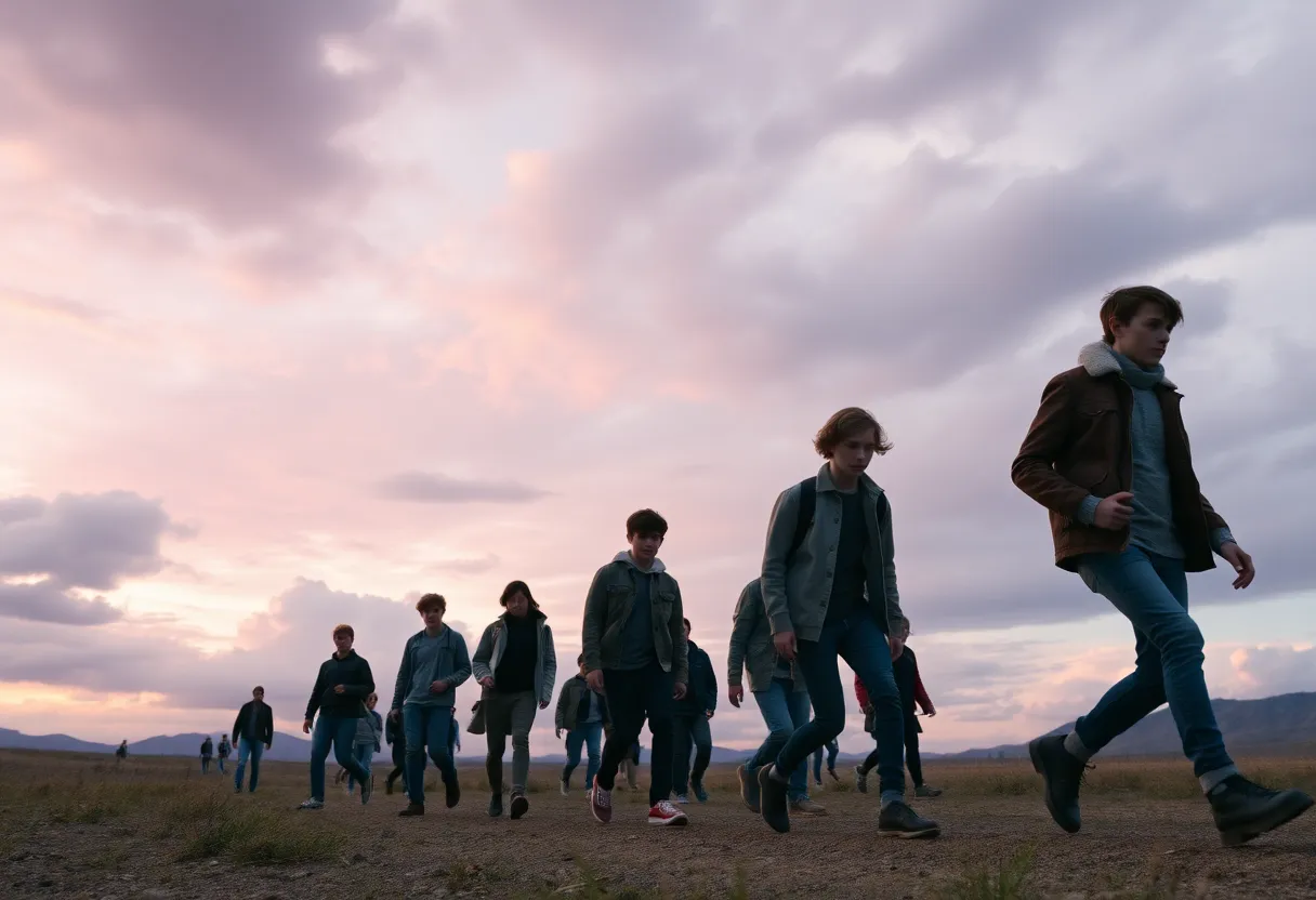 Teenagers in a walking contest in a dystopian setting