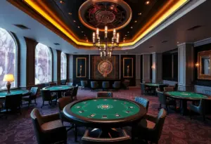 Interior of a luxury private gaming salon with poker tables