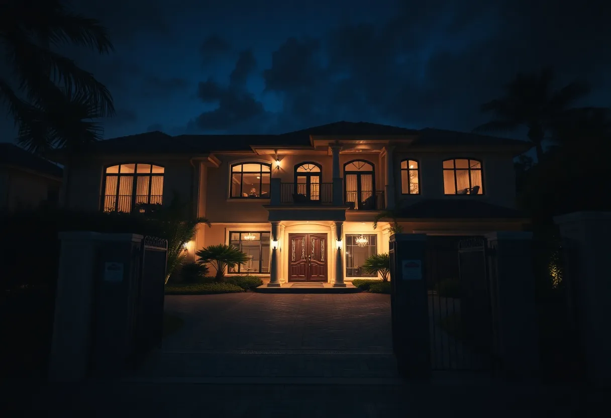 A luxury home in a gated community at night
