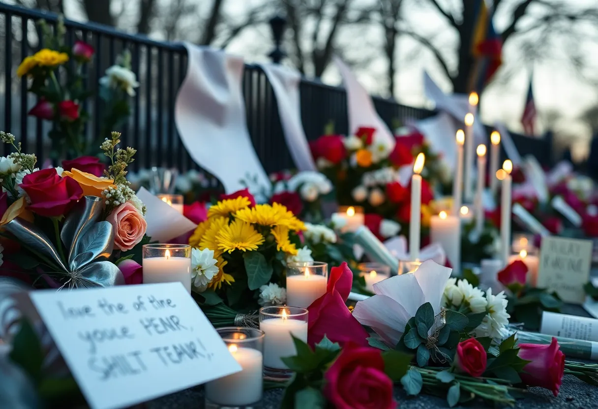 Memorial setup with candles and flowers signifying loss from political violence