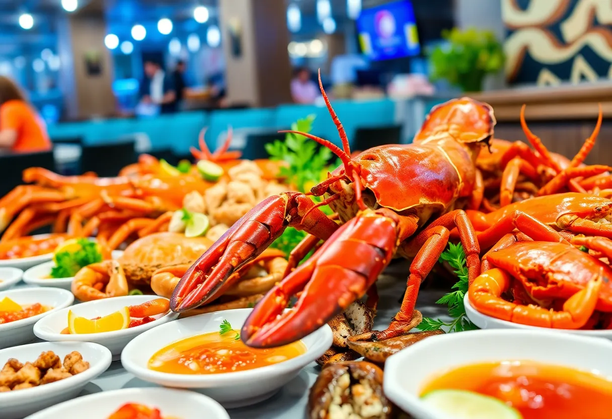 A lavish seafood feast showcasing lobster and crab dishes.