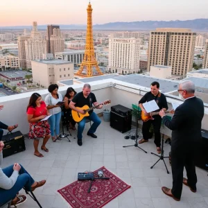 A lively rooftop event in Las Vegas featuring readers and live music.
