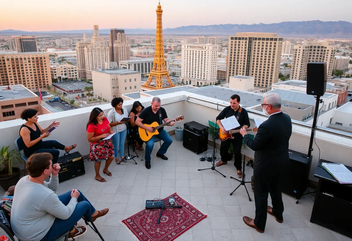 A lively rooftop event in Las Vegas featuring readers and live music.
